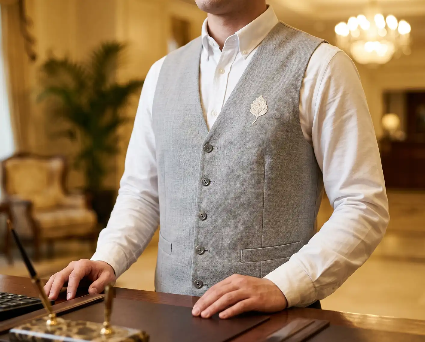 Hotel front desk employee wearing an embroidered grey vest over a white shirt